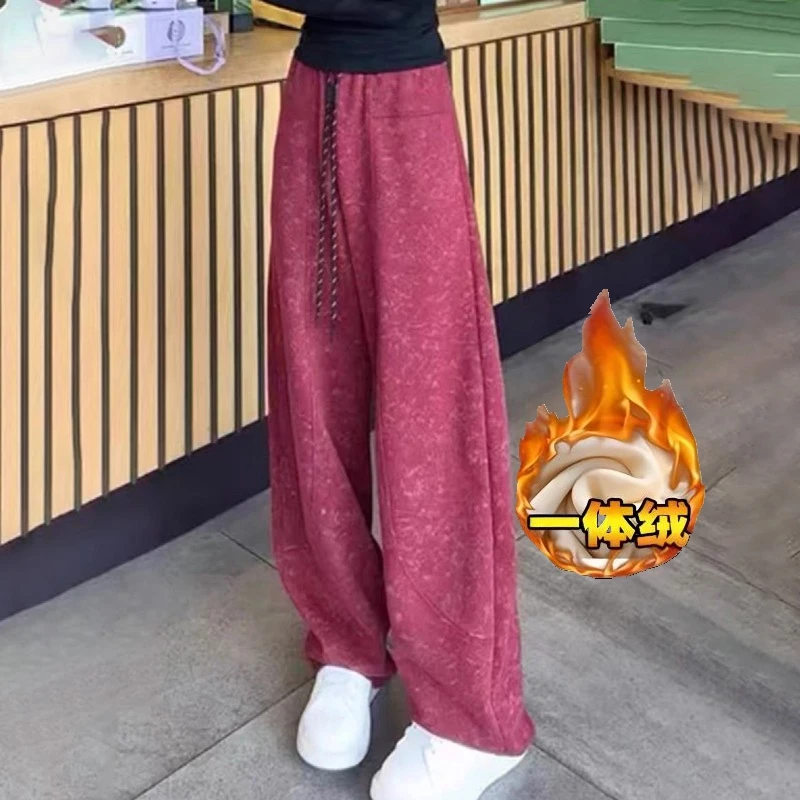 加绒加厚扎染香蕉卫裤女秋冬大码微胖mm时尚百搭显瘦阔腿弯刀裤