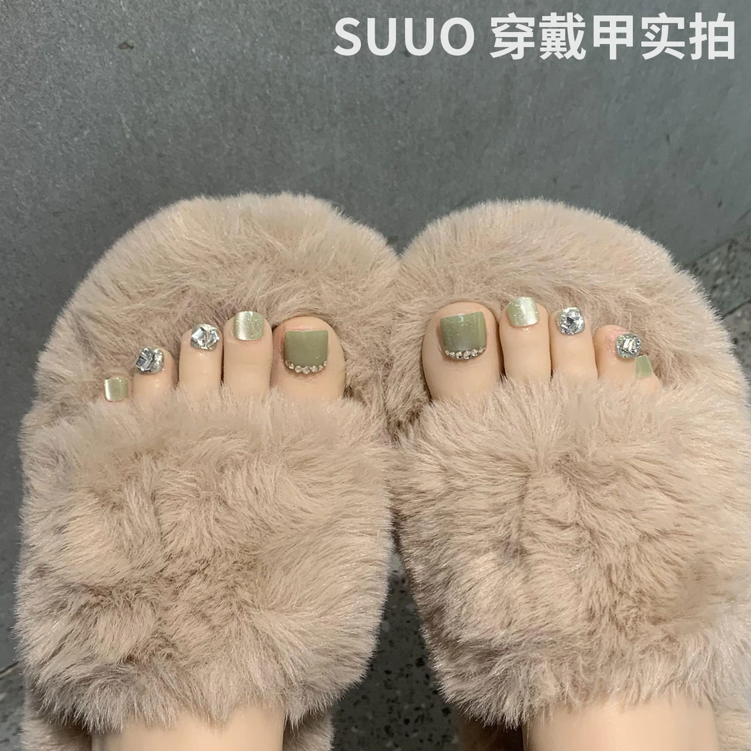 24片春夏青提奶绿猫眼脚趾甲显白简约美甲穿戴甲脚指甲可拆卸甲片