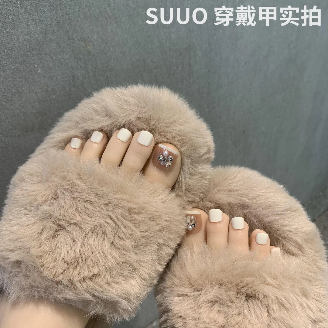 24片千金椰奶水钻法式脚趾甲穿戴甲显白高级感美甲脚指甲贴片拆卸