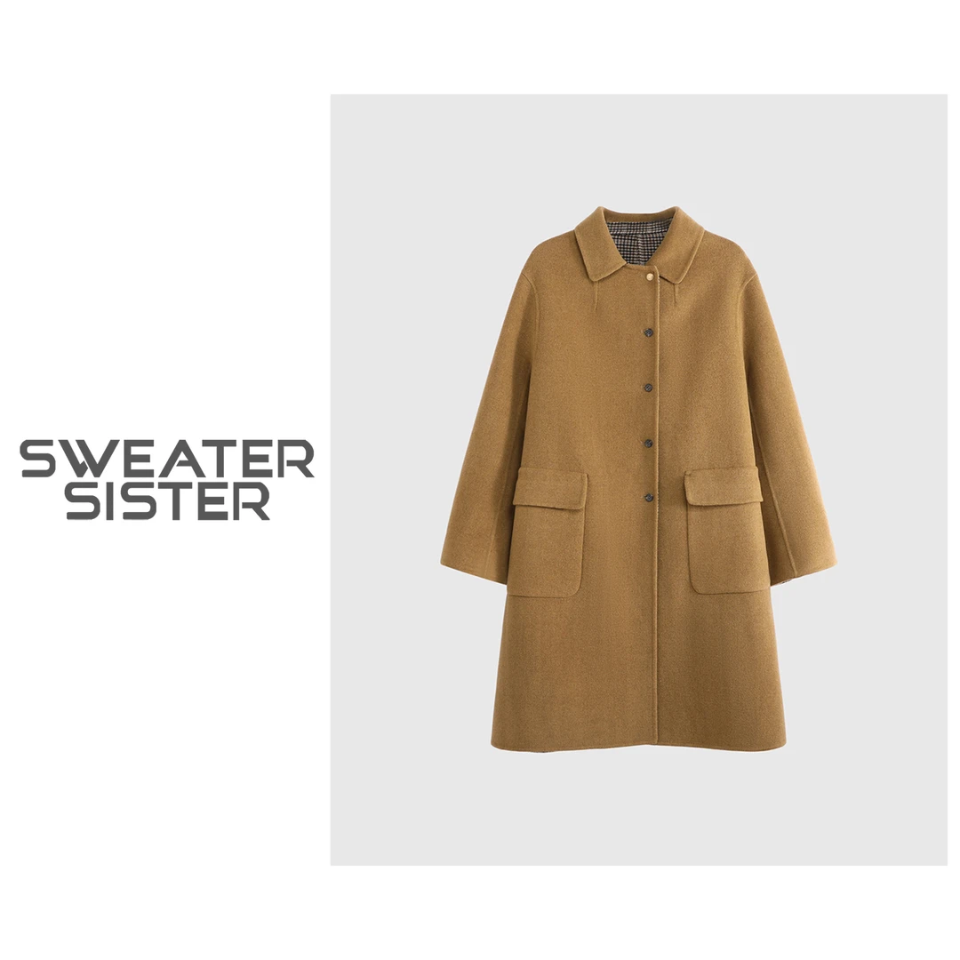 翻领中长款撞色内里千鸟格双面呢大衣外套女5156-5227