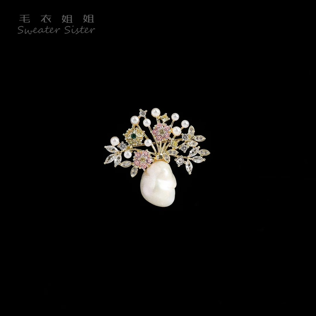 铜合金合成锆石胸针 X4429-4-310中国风金白镶嵌花束花瓶胸针