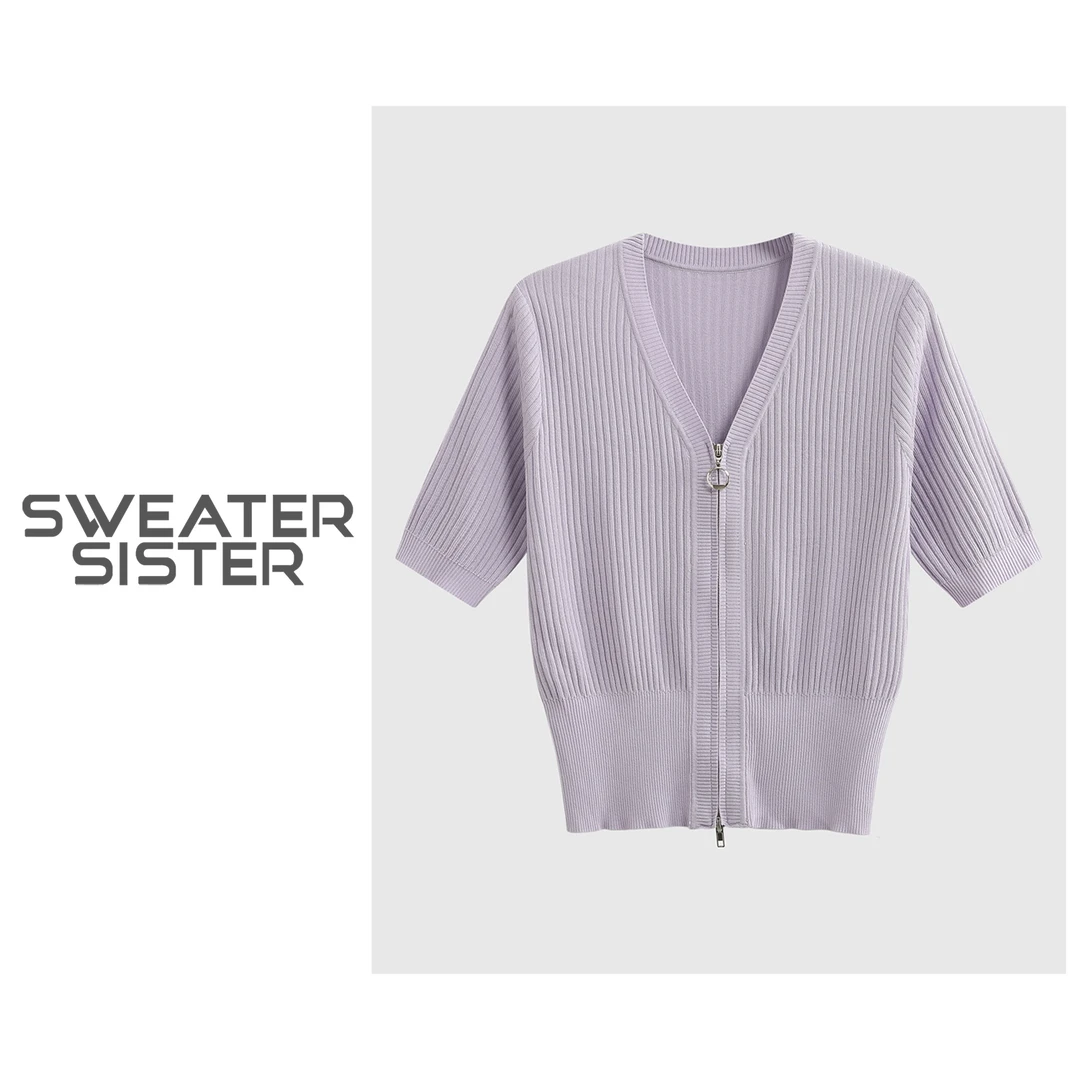 V领双开拉链坑条针织开衫短袖T恤上衣女084-2413