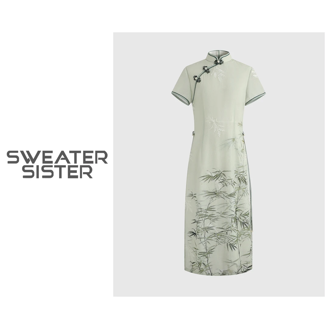 毛衣姐姐新款古典清冷竹子印花开叉显瘦旗袍连衣裙女607-578