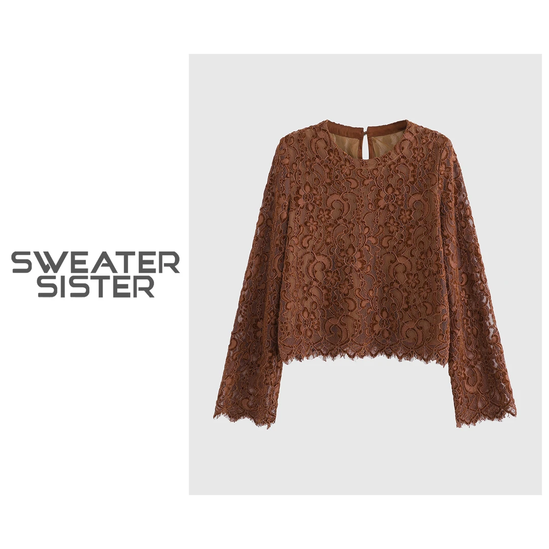 毛衣姐姐法式设计感风情镂空睫毛蕾丝打底衫T恤女501-Q1358