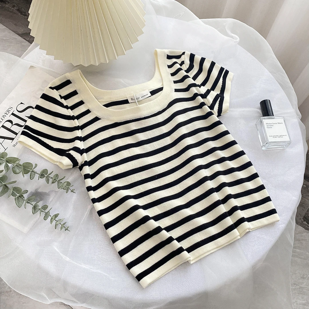 条纹U领针织衫时尚百搭修身显瘦2025年夏季休闲透气上衣女洋气