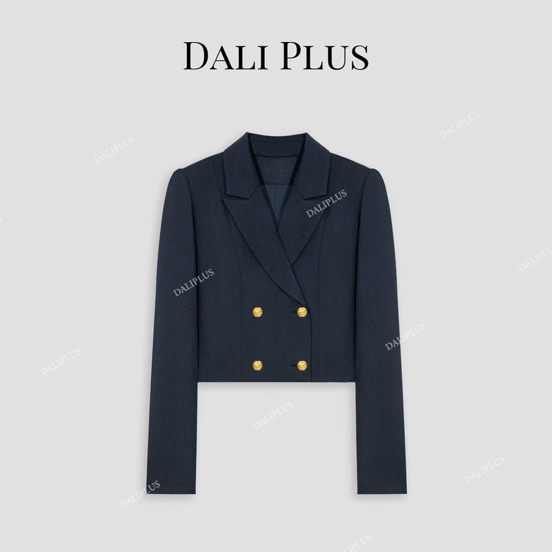 DALI PLUS高级质感藏青色双排扣气质西装短款外套-D4KK0099