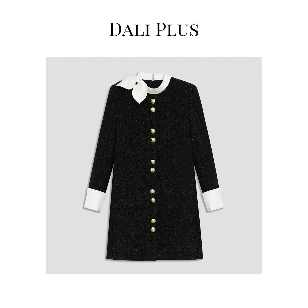 DALI PLUS复古重工黑闪金扣兔耳朵蝴蝶结女装连衣裙热力感WY-0937