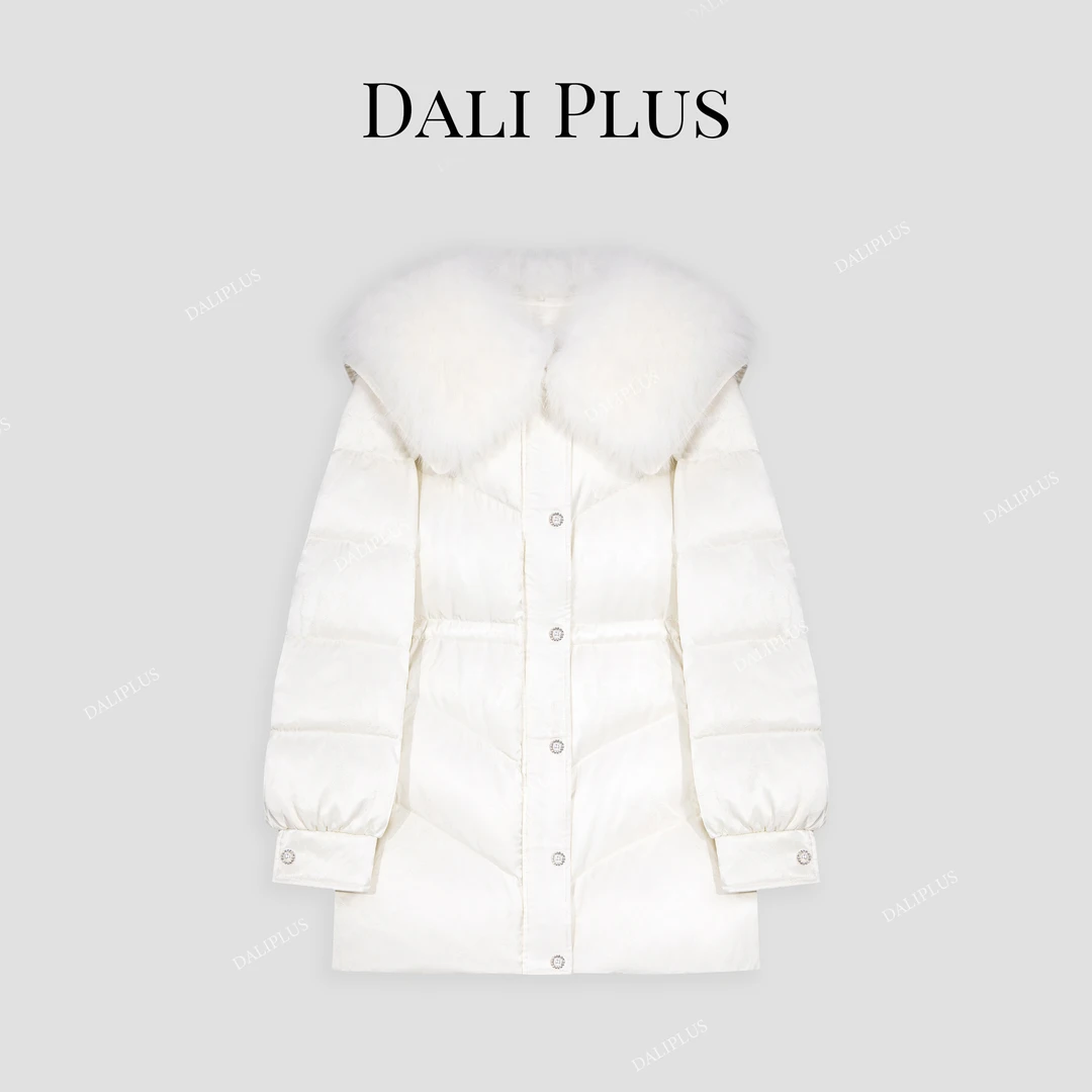 DALI PLUS大狐狸毛中长款精贵暗纹提花白鹅绒保暖羽绒服-D4SZ0150