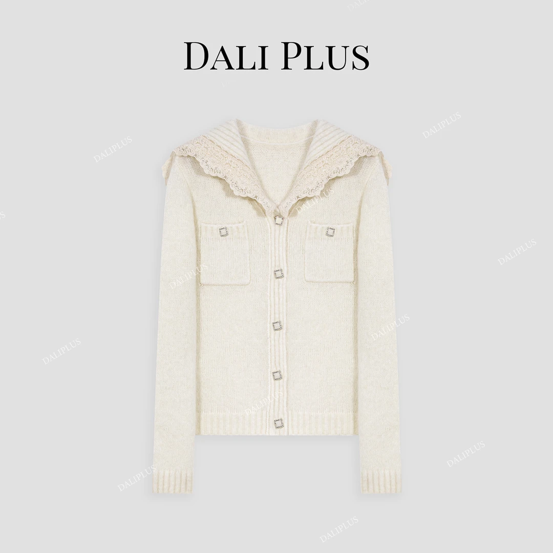 DALI PLUS【羊驼毛+绵羊毛】蕾丝花边海军领气质针织衫-D4MM0661