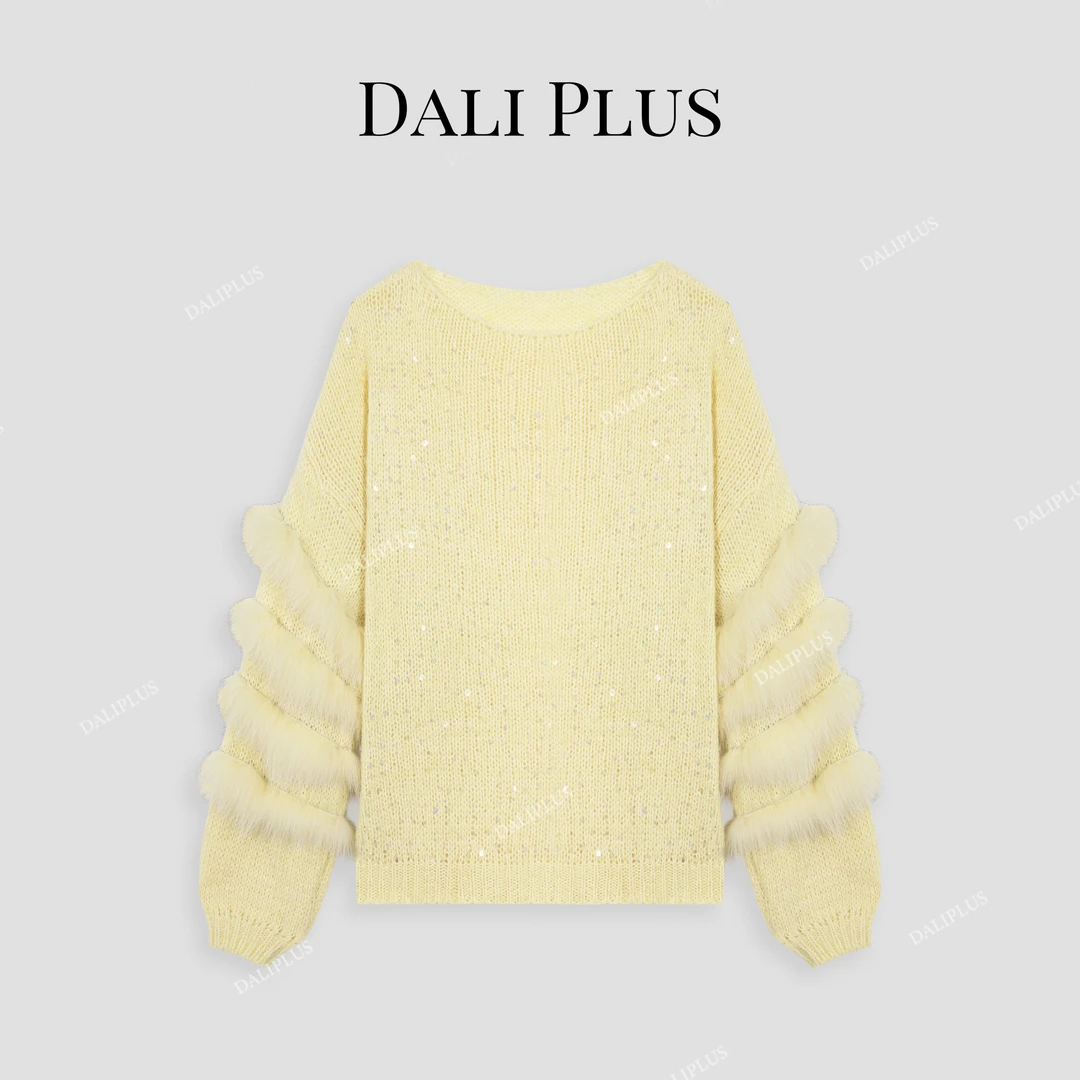 DALI PLUS温柔风重磅拼接狐狸毛软糯甜美亮片针织毛衣-D4CH0144