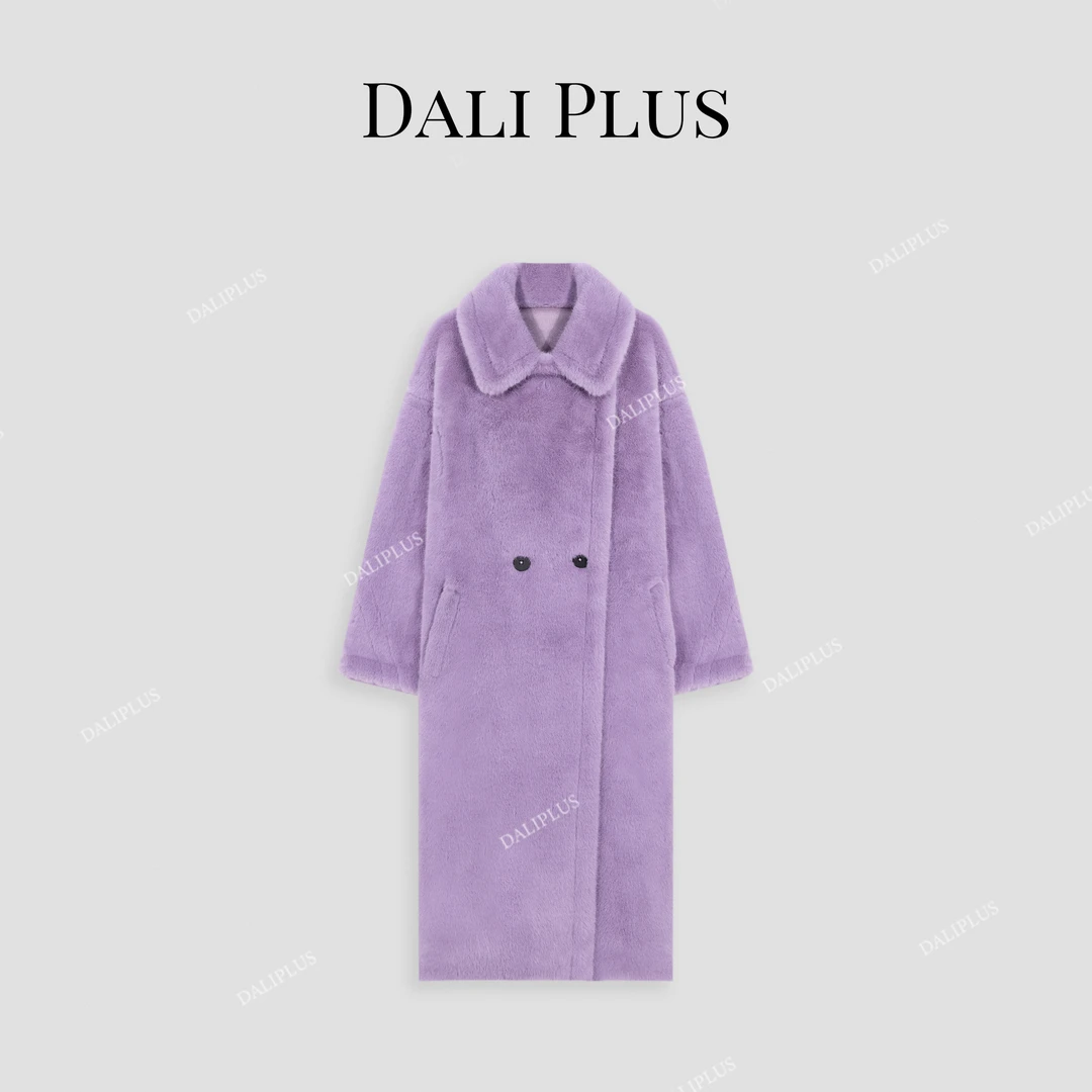 DALI PLUS高质感气质翻领斜门襟两粒扣长款毛绒大衣-D4YW0381
