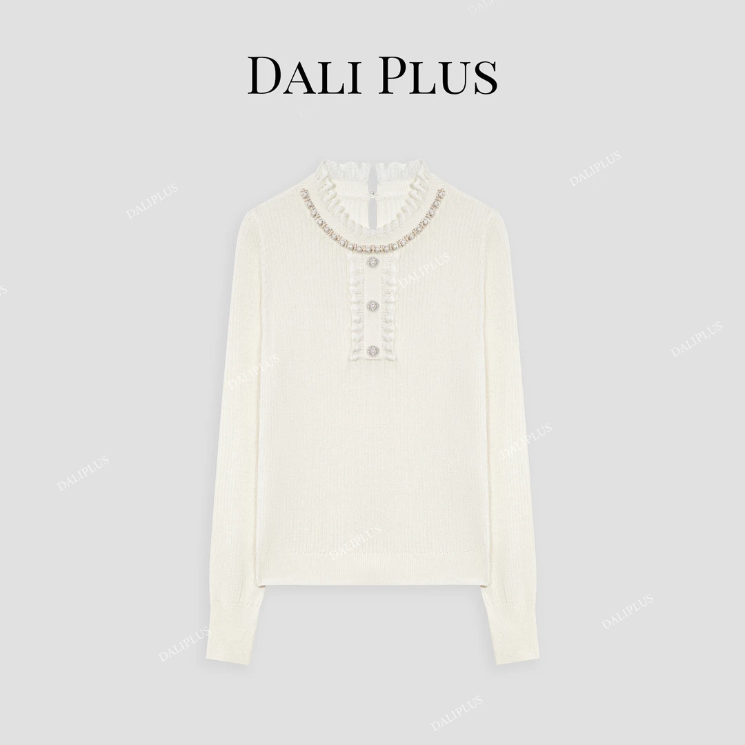 DALI PLUS桑蚕丝+绵羊 毛立领钉珠法式米白色针织衫-D4XL0092