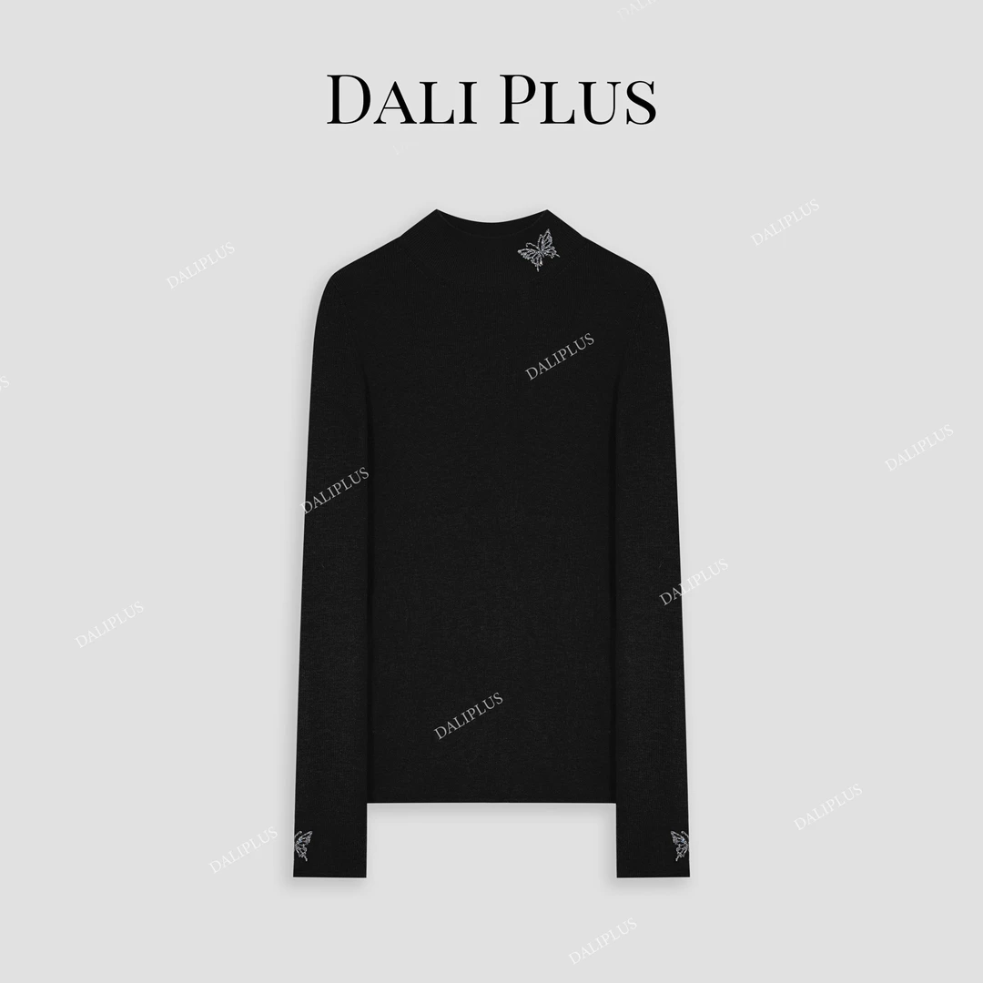 DALI PLUS烫钻蝴蝶修身显瘦打底衫半高领内搭针织上衣-D4CH0269