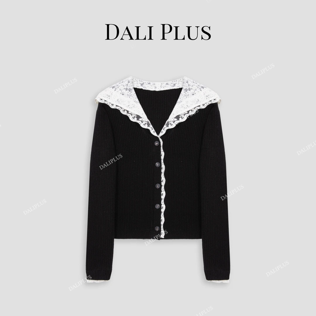 DALI PLUS重磅100%绵羊毛  精致蕾丝拼接针织帽衫-D4CK0093