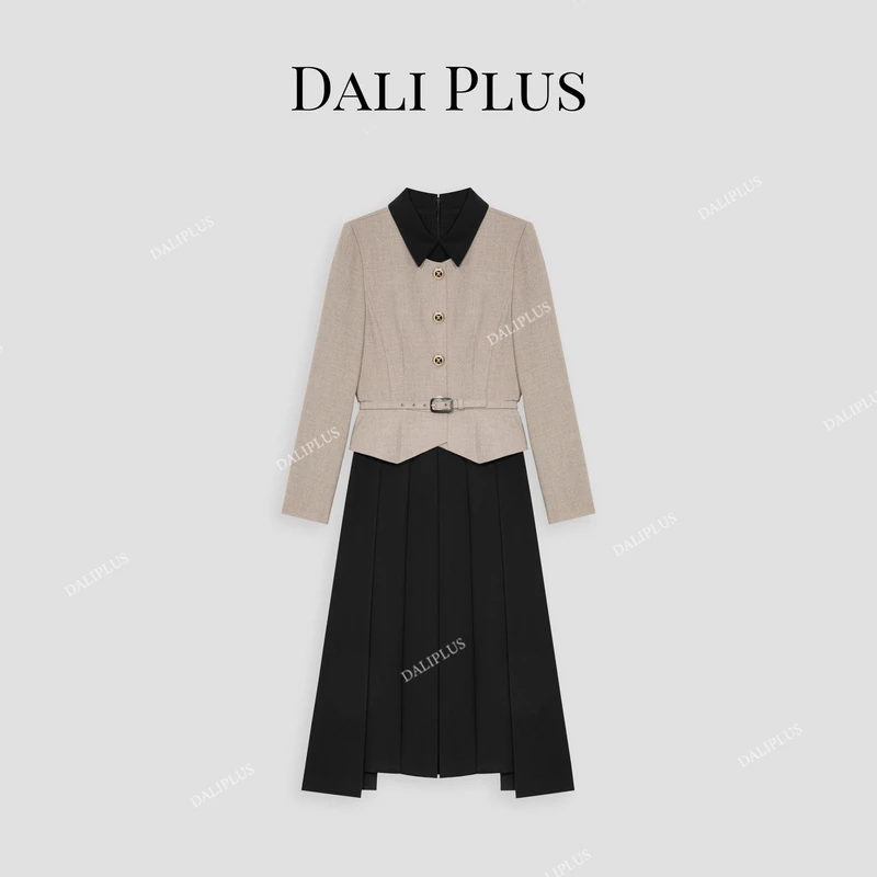 DALI PLUS高端气质撞色假两件上衣拼接设计连衣裙-D4SZ0107