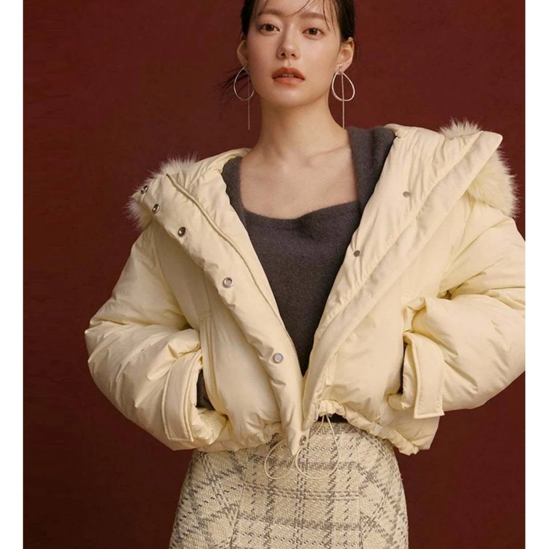 【DD外贸】 秋冬上新 S 毛领连帽抽绳抽绳短款鸭绒羽绒服