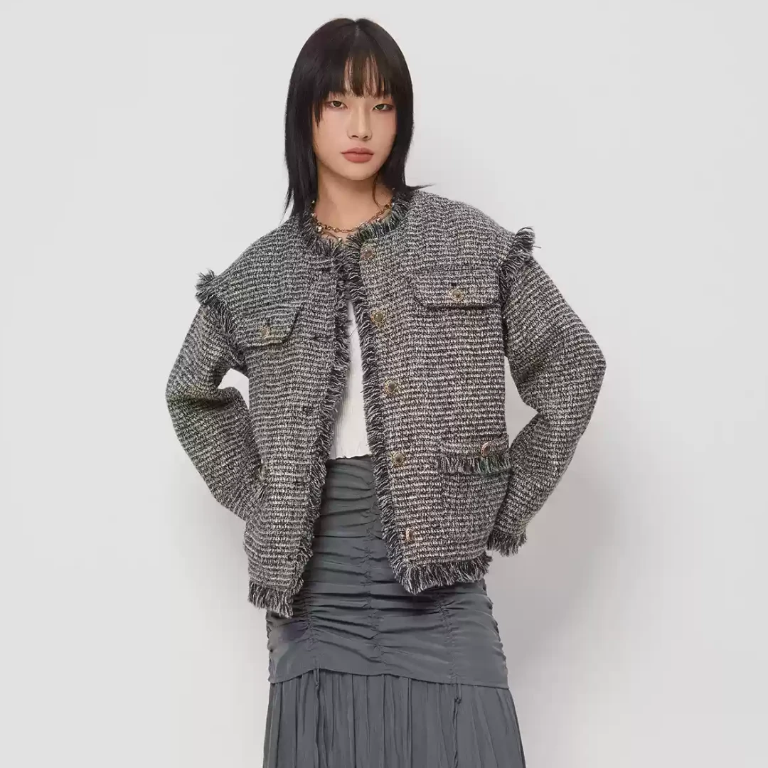 【DD外贸】 秋季新款 M 知性淑女风毛边流苏小香风外套女