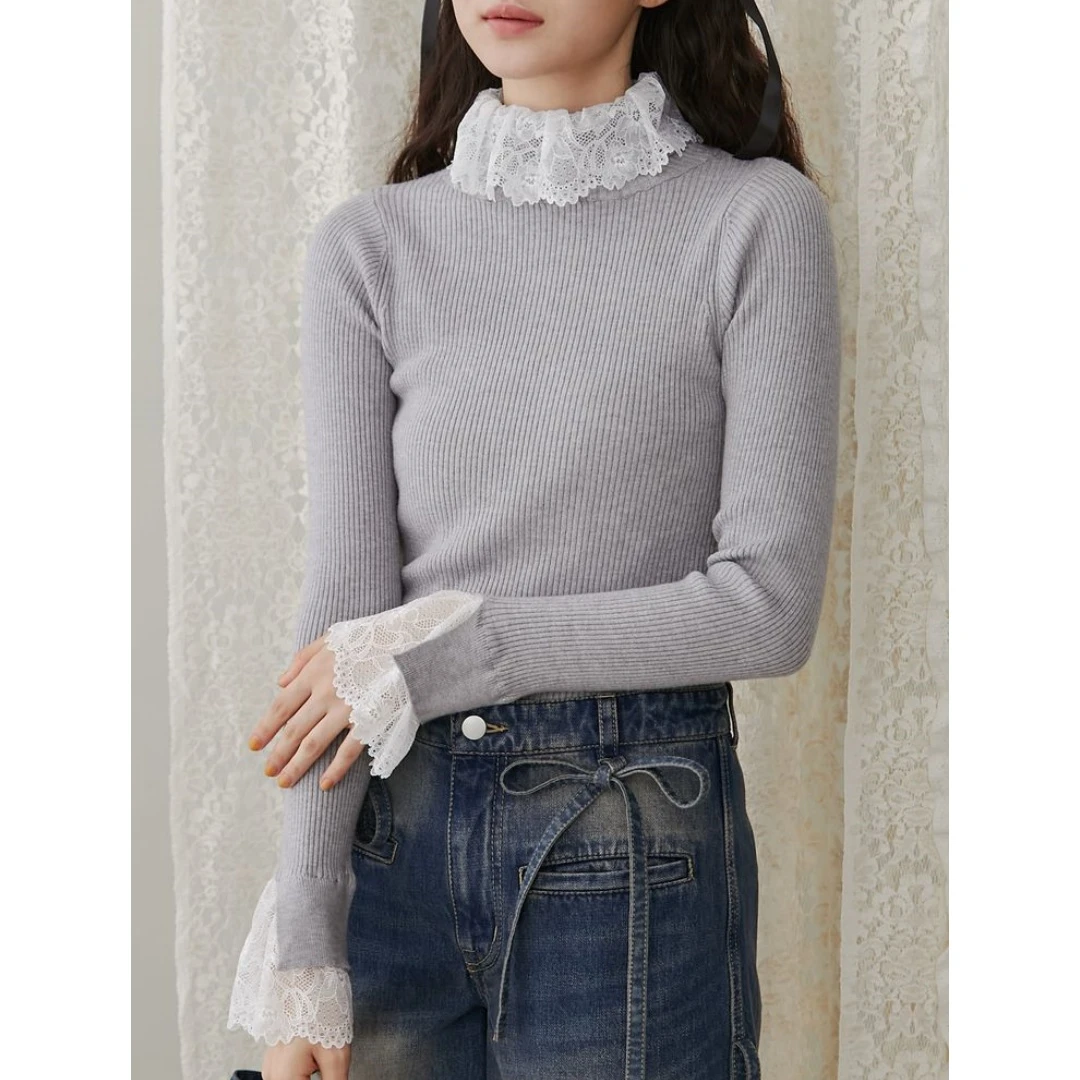 【DD外贸】 秋季新款 M 气质时尚蕾丝拼接百搭针织衫上衣