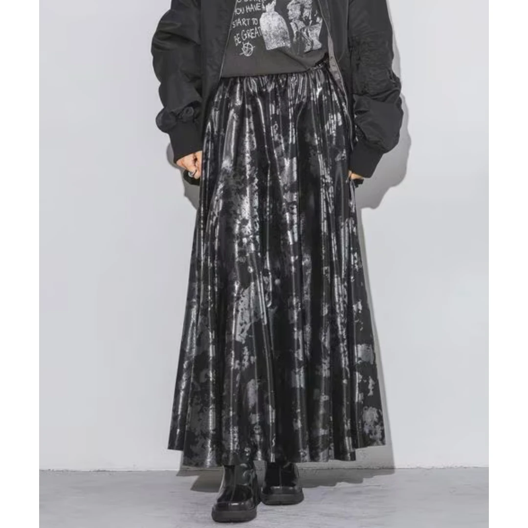 【DD外贸】日系品牌 秋冬上新 J 时尚休闲褶皱喇叭金箔印花半身裙