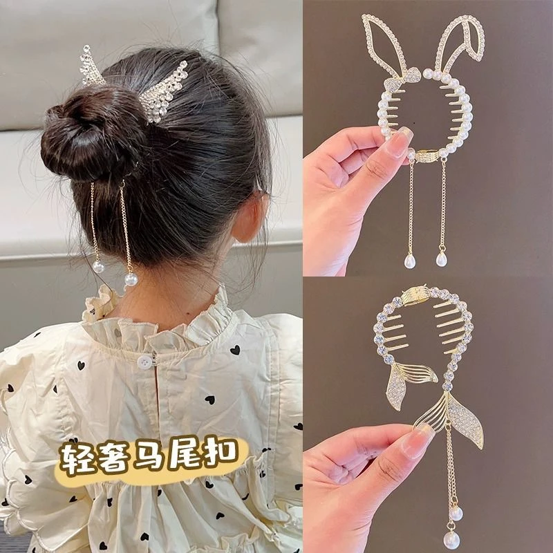 儿童丸子头发扣高马尾夹后脑勺盘发神器流苏头饰气质轻奢发饰女童