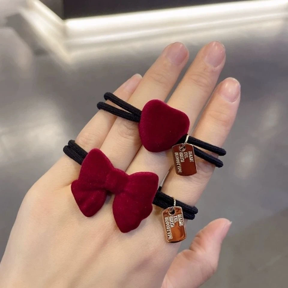 新年头绳红色新年植绒蝴蝶结爱心橡皮筋可爱头饰秋冬网红发绳发饰