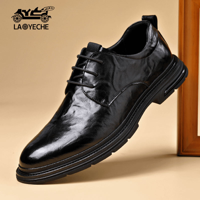 老爷车商务皮鞋男新款真皮休闲正装男士皮鞋低帮系带透气软底男鞋