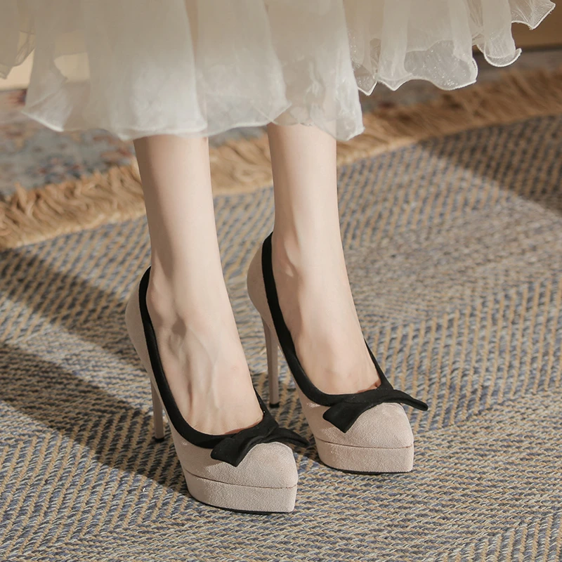 12cm防水台高跟鞋女细跟拼色模特走秀鞋不累脚小码浅口尖头单鞋女