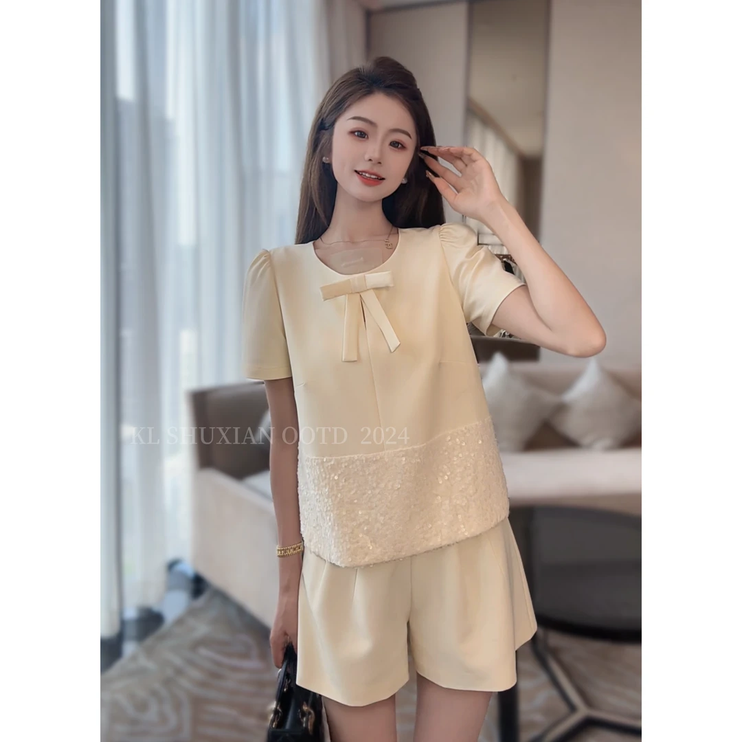 KL-亮片镂空蝴蝶结夏季上衣L5011