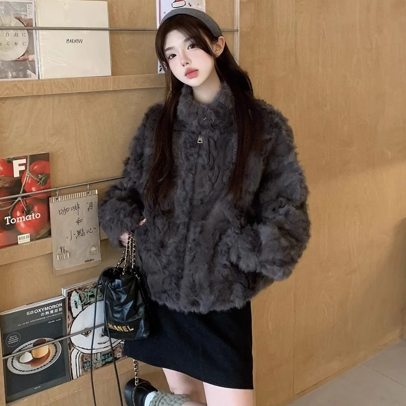 气质立领拉链短款环保毛毛外套2024冬毛茸茸时尚保暖小个子上衣女