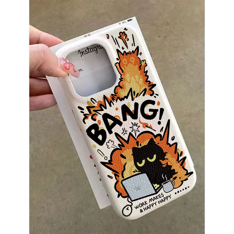 发火猫咪适用iphone16/15promax手机壳苹果13皮纹14/12P防摔11pro