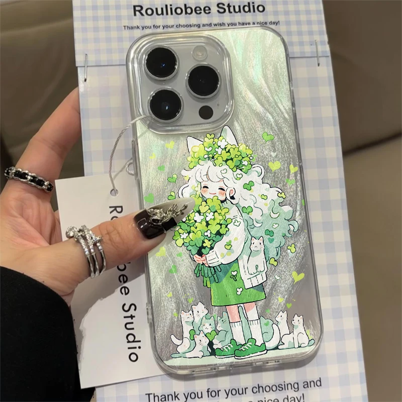 猫咪与抱花女孩苹果手机壳适用于15promax简约13/14清新7/8网纱银