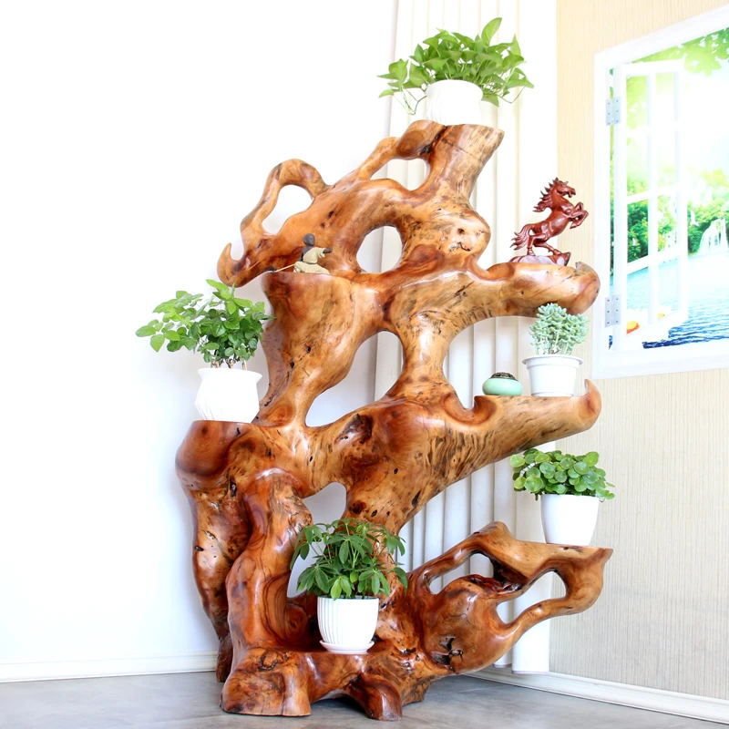 香樟木实木根雕花架客厅阳台盆景架天然原木艺术创意雕刻落地摆件