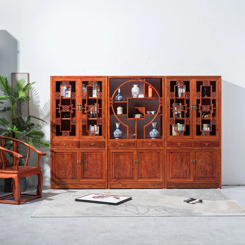 实木书柜组合中式书架隔断柜榆木文件柜玻璃展示柜雕花书橱储物柜