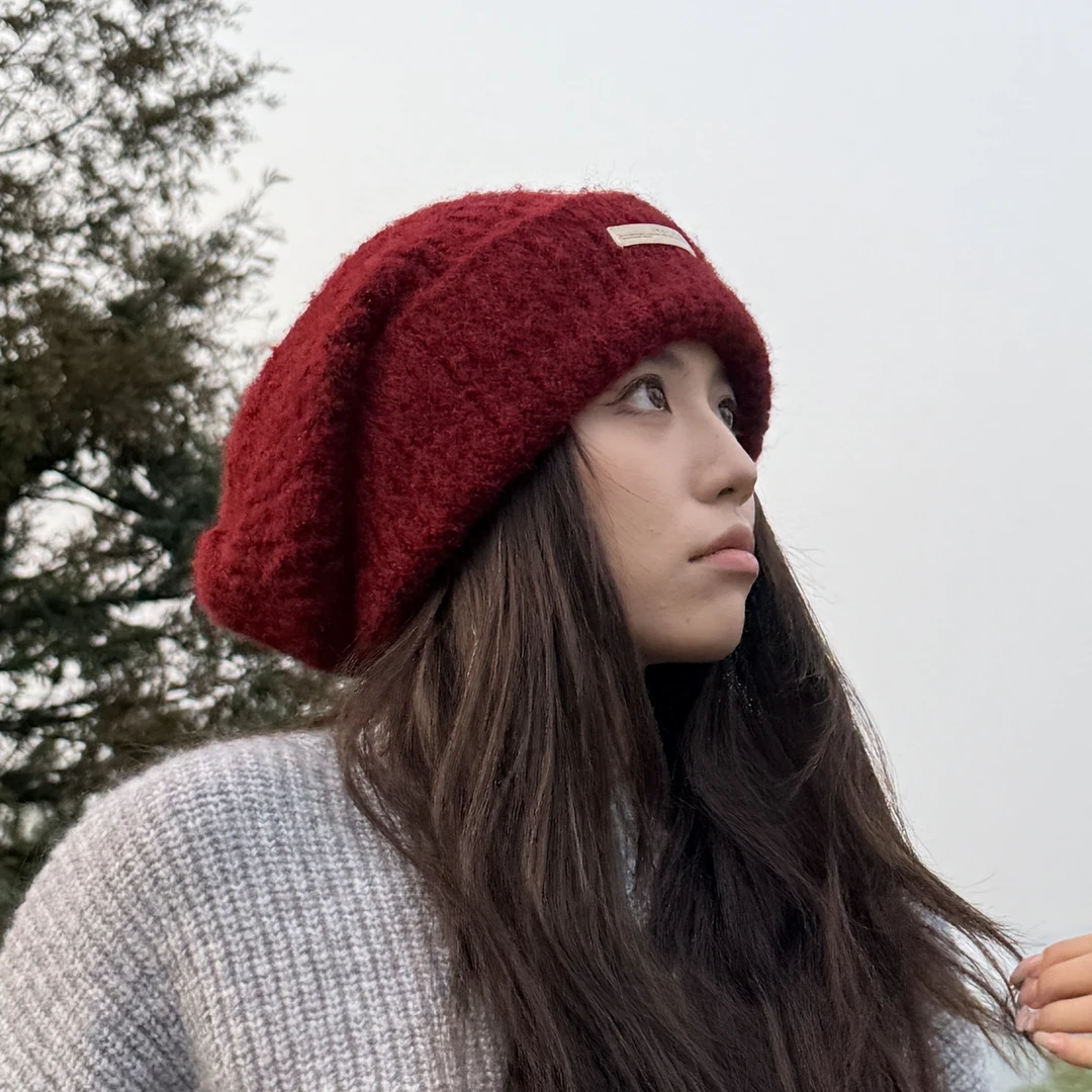 245大头秋冬新年氛围感圣诞风红色针织帽堆堆帽可搭配同色围巾