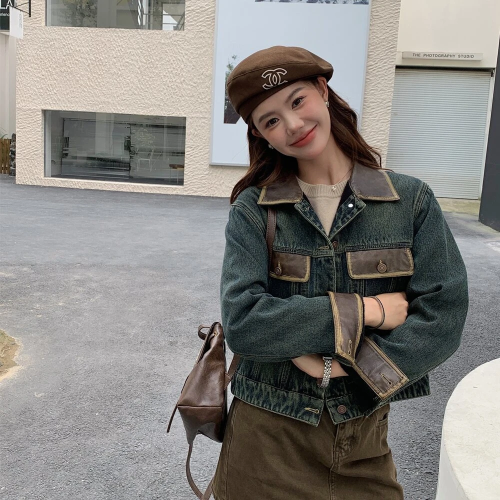 SRYZ5516牛仔外套女pu皮拼接夹克2023秋季新款港风短款上衣潮ins