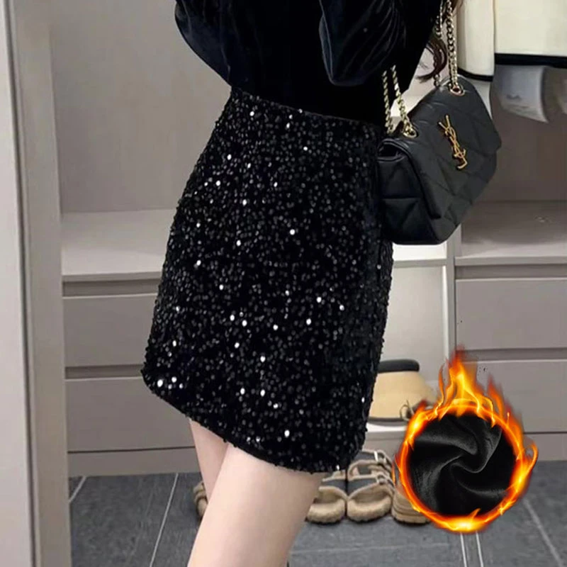 御姐加绒亮片短裙洋气裙子时髦百搭a字包臀裙秋冬黑色A字裙子套装