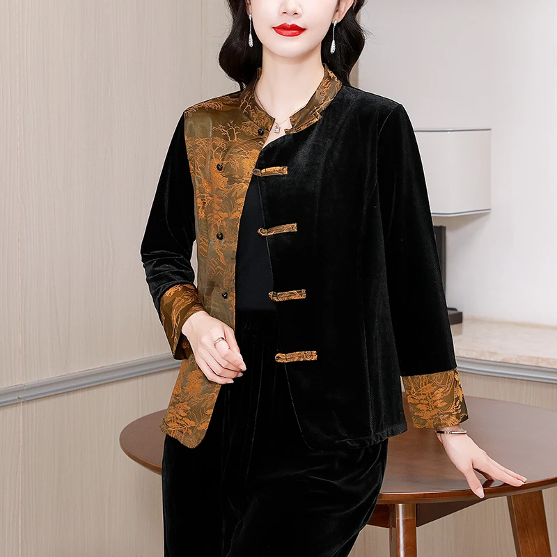 中老年复古国风秋冬时尚盘扣拼接撞色金丝绒气质唐装中国风上衣