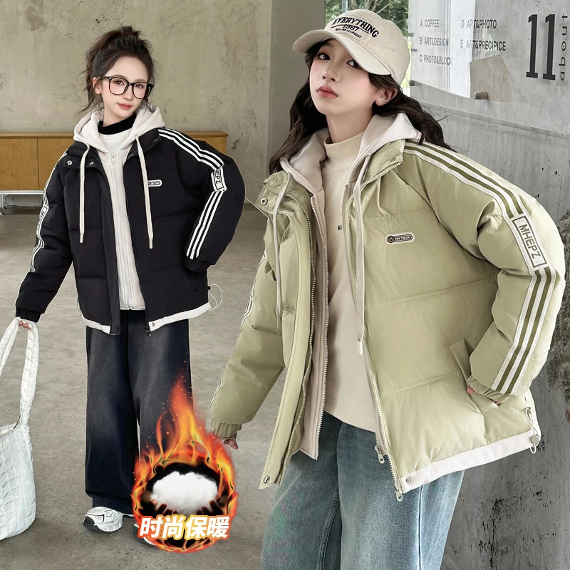 女童棉服冬季2024新款洋气中大童夹棉加厚连帽棉衣儿童假两件棉袄
