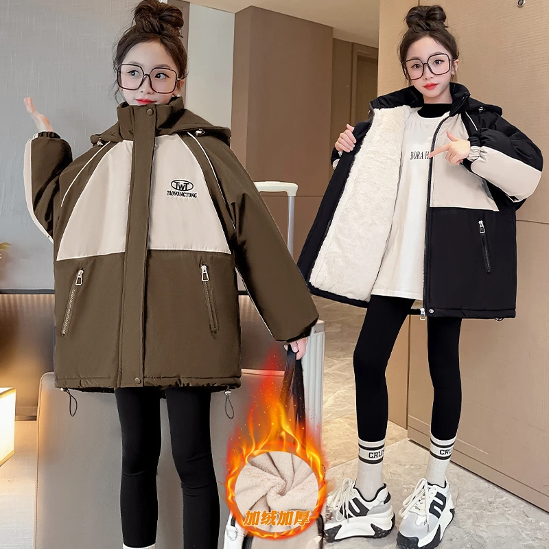 女童派克服秋冬2024新款中大童加绒加厚外套儿童连帽拼色保暖棉服