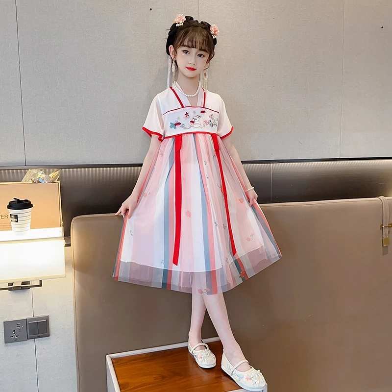 女童汉服夏季2025新款小女孩中国风短袖唐装超仙襦裙中大童连衣裙