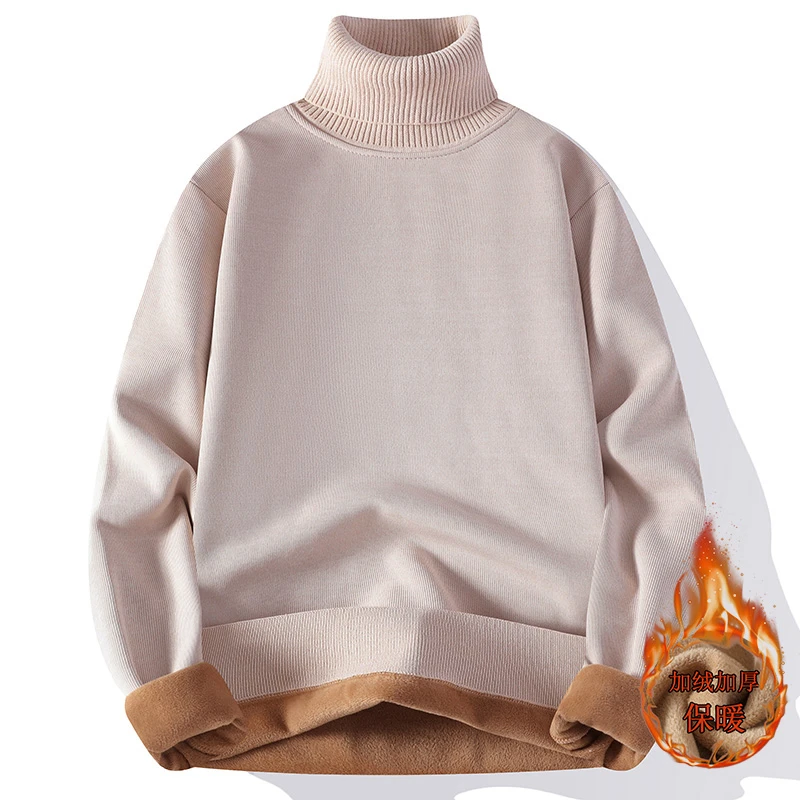 可翻高领毛衣男士冬季加绒加厚针织衫男打底衫高级感纯色毛线衣