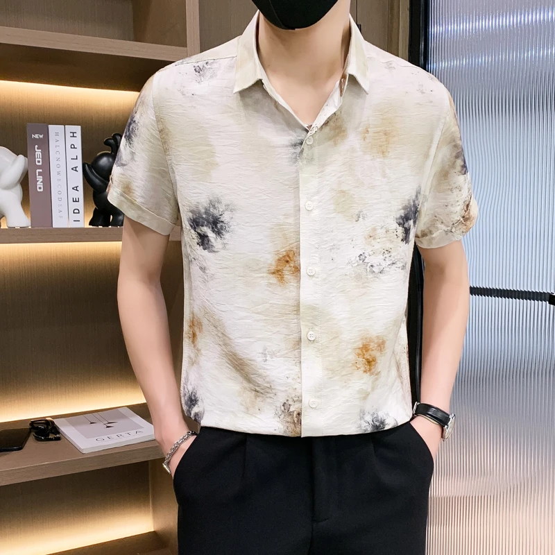 中国风男士短袖印花衬衫个性潮流薄款时尚夏季水墨花型衬衣上衣