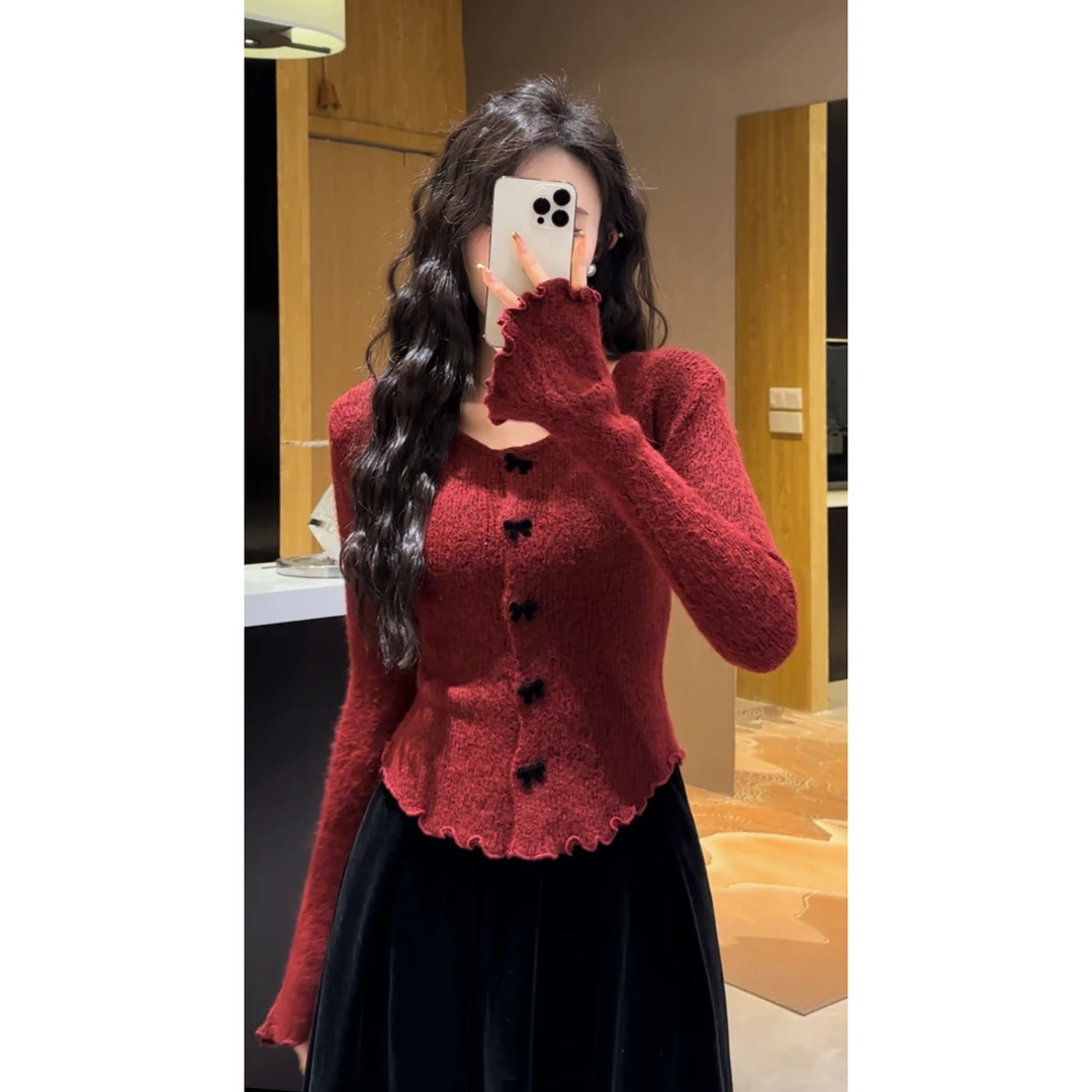 红色圣诞蝴蝶结毛衣女秋冬季新款修身内搭针织衫长袖打底衫上衣潮
