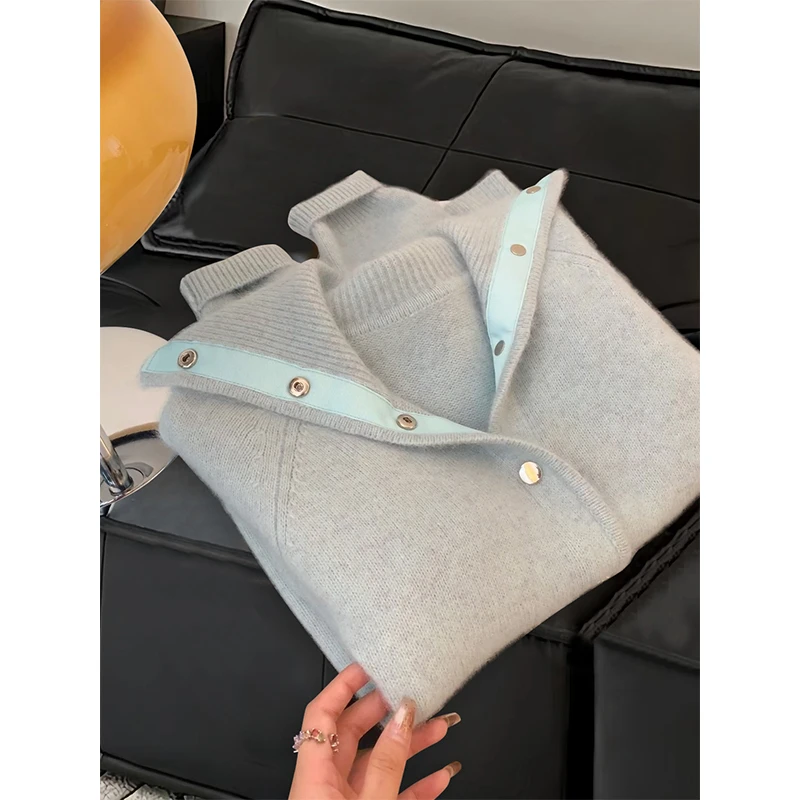 高领加厚保暖软糯蓝色毛衣开衫外套女秋冬季宽松慵懒风翻领针织衫