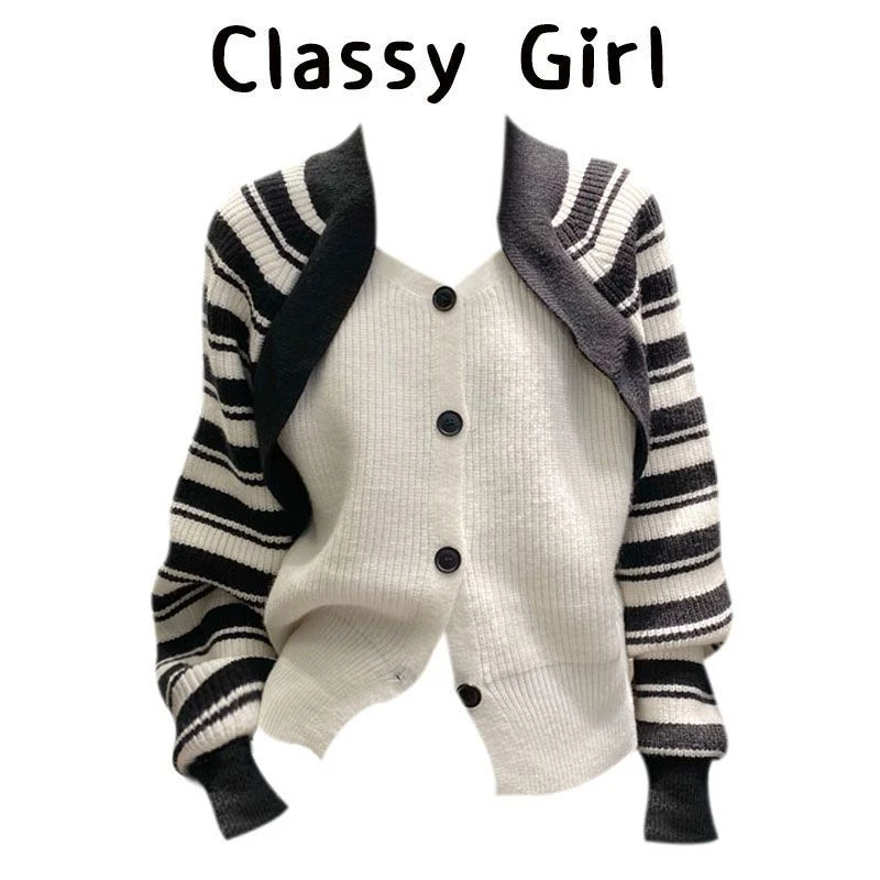 法式高级感小众慵懒风条纹拼接假两件设计针织开衫外穿洋气上衣女