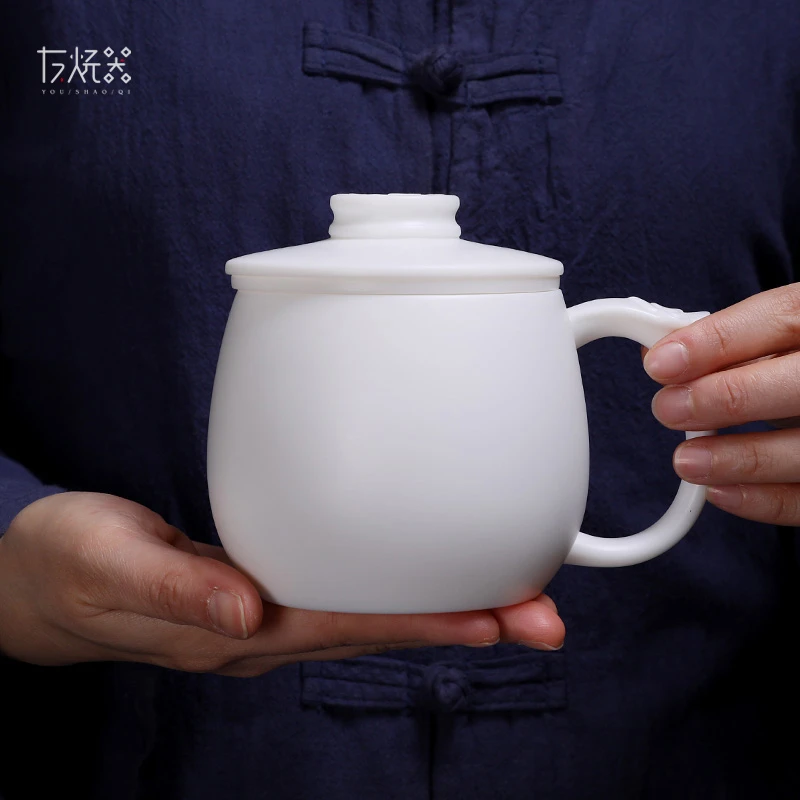 羊脂玉白瓷会议办公高档手工泡茶杯茶水分离带过滤中式马克杯刻字