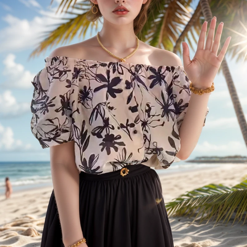 网红自留同款 欧货时尚休闲复古一字领雪纺花衬衫