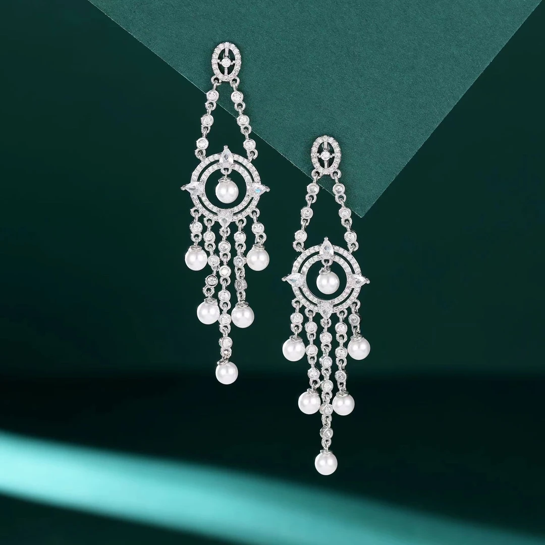 铜合金耳饰 S925银轻奢小众设计感重工锆石长款宇宙高亮珠珠耳环