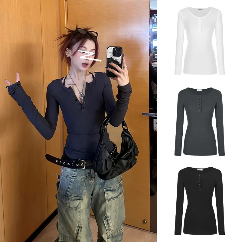 Moses Queen/魔西女王设计感半开领上衣中长款ins辣妹修身长袖T恤