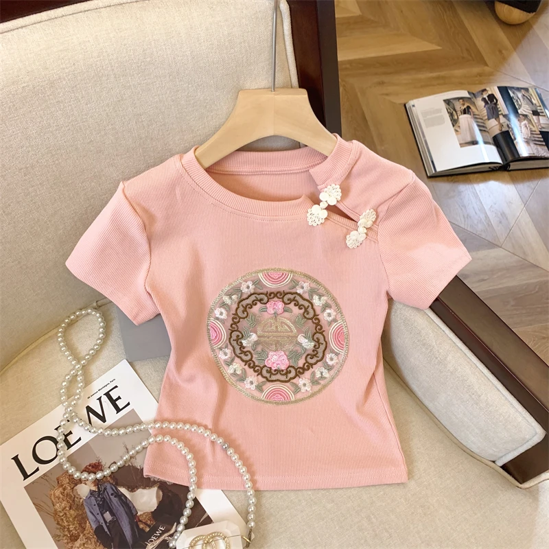 2025新款女童夏季中式国风刺绣盘扣上衣中大童高品质圆领修身短袖